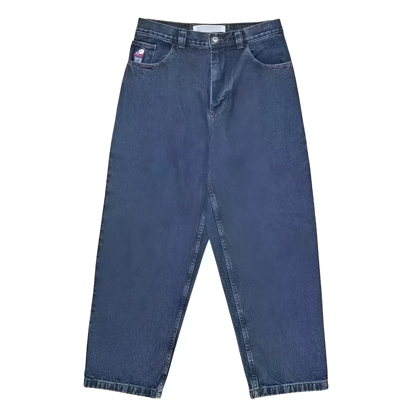 Men's retro straight-leg denim trousers with printed patterns in dark blue colour