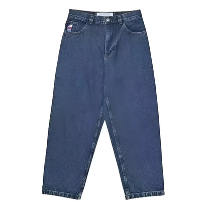 Men's retro straight-leg denim trousers with printed patterns in dark blue colour