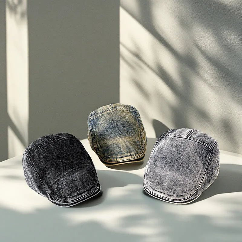 Men's Denim Baseball Cap with Flat Crown in Korean Trend Style, Cotton Fabric in Black, Dark Blue, Retro Yellow, Grey, Light Blue, or Denim Blue for Windproof Sun Protection and Four-Season Casual Wear