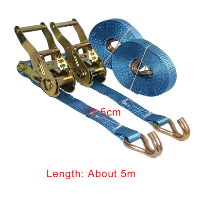 Heavy duty steel ratchet tensioner strap with double hooks and polyester webbing for cargo securing.
