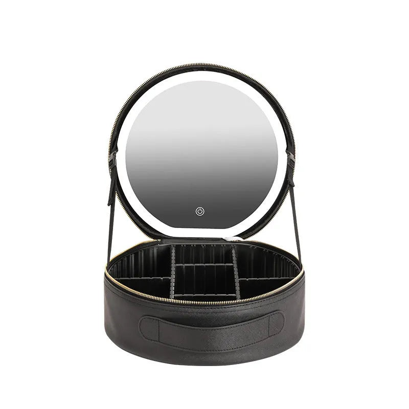Round black LED light makeup bag with built-in mirror, carry strap, and open compartment showing internal partitions.