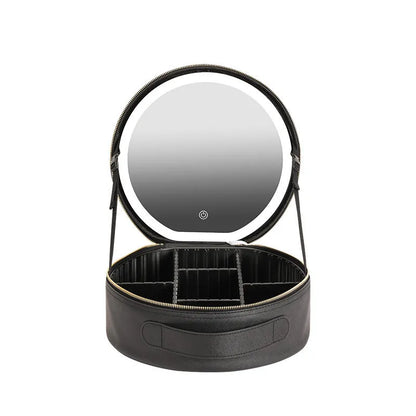 Round black LED light makeup bag with built-in mirror, carry strap, and open compartment showing internal partitions.