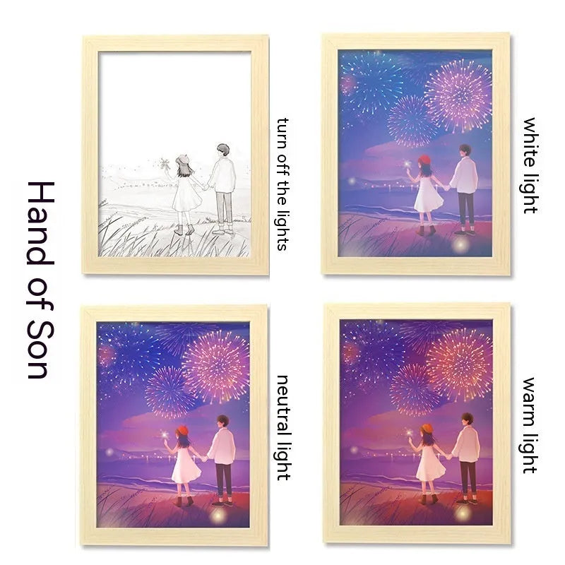 USB-powered LED picture frame night light displaying landscape artwork in modern plastic frame