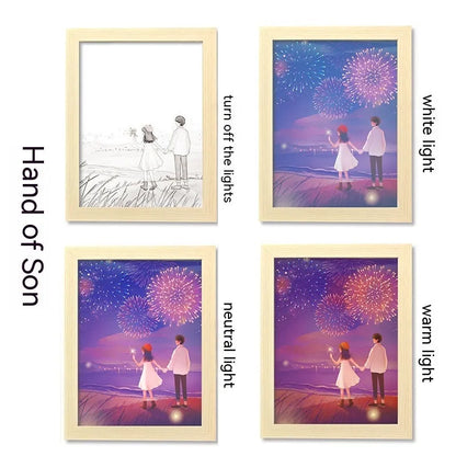 USB-powered LED picture frame night light displaying landscape artwork in modern plastic frame
