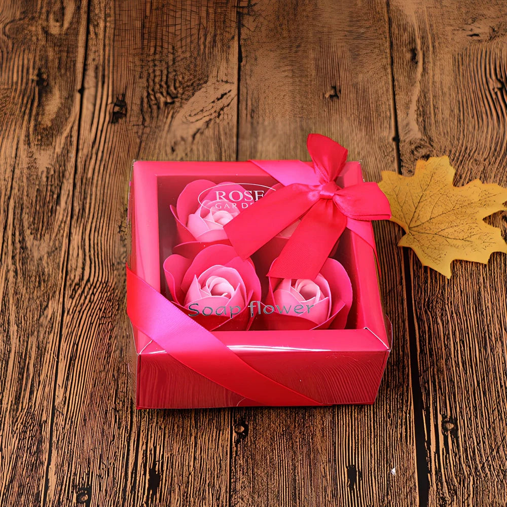 Handmade soap flower gift box in red heart-shaped tin with three blooms and bear, 12x12x5 cm for Valentine's Day