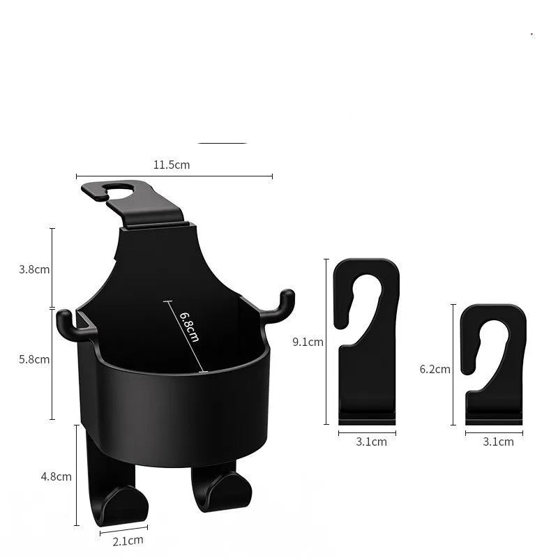 Black plastic car seat back hook organiser with cup holder compartment