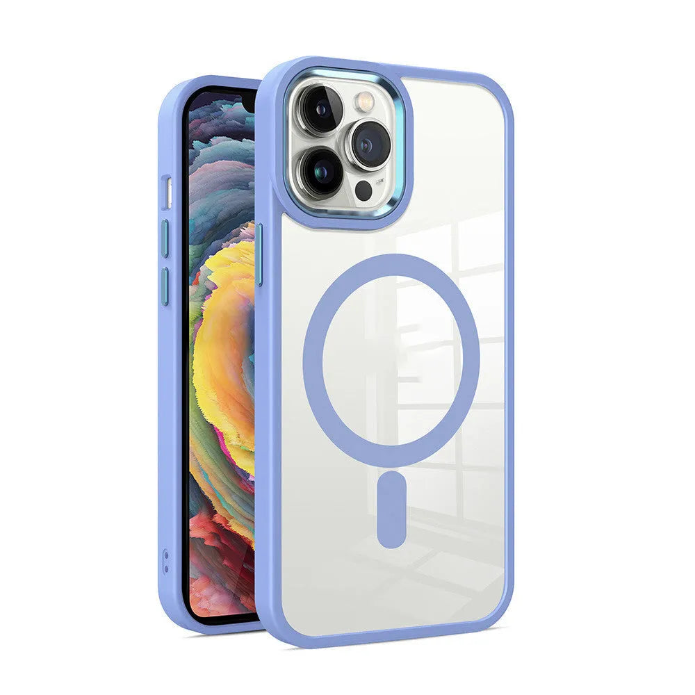 Magnetic transparent silicone phone case showing iPhone compatibility and 10 colour options including green, red, blue, and purple