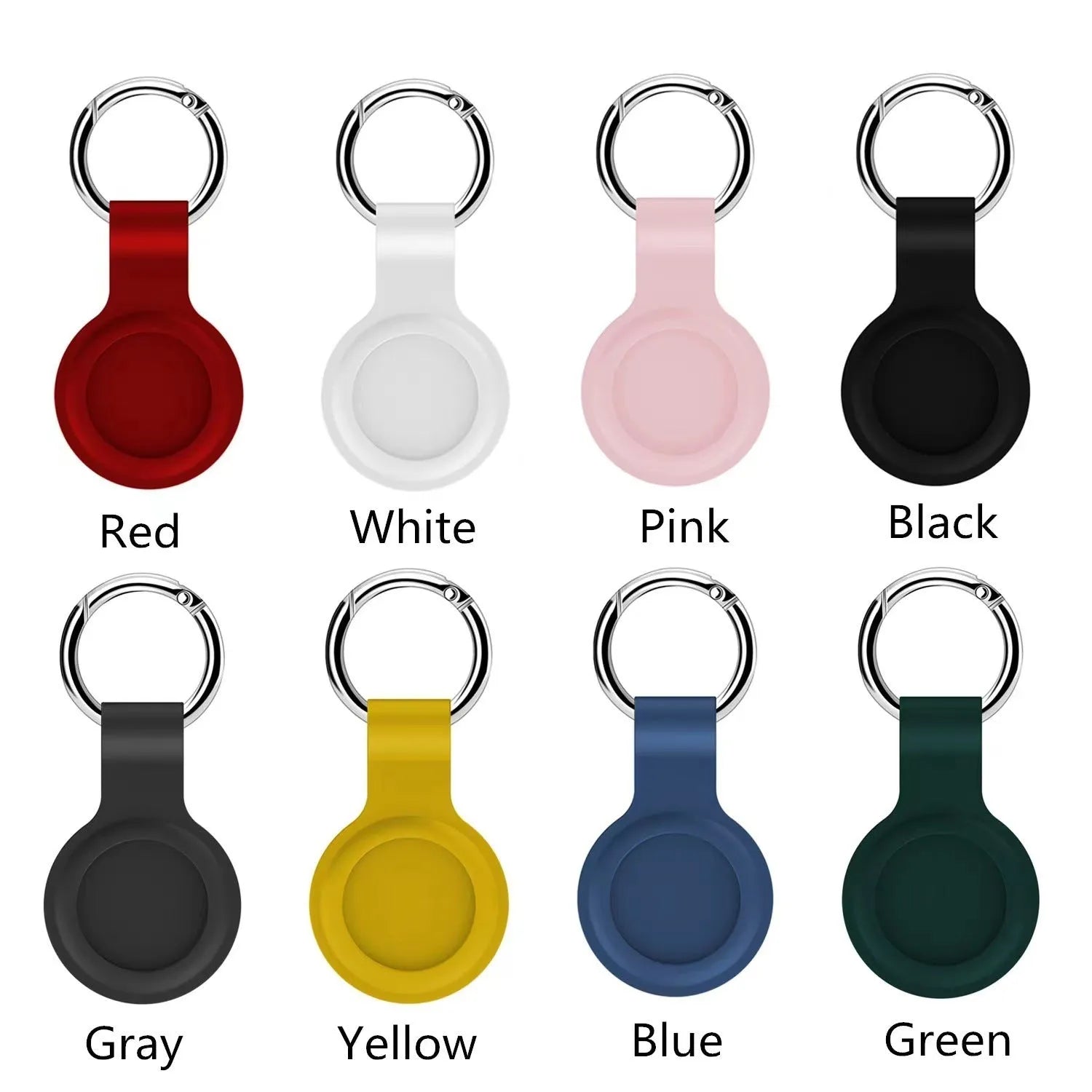 Black waterproof silicone Airtag protective case with metal keychain clip, shown next to colour options.
