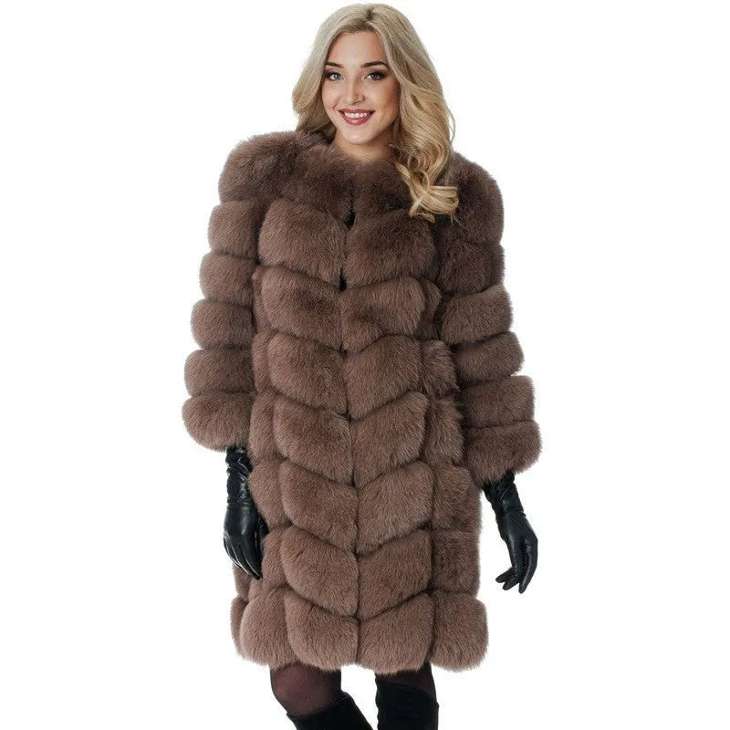 Women's thick warm fur coat in artificial fabric, 80cm length, available in five colours including black and apricot