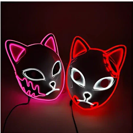 Pink LED cat face mask with transparent blue accents and lighting effects