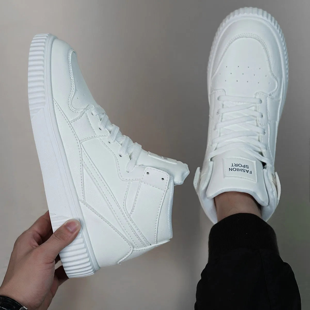 Men's white casual shoes with round toe design and microfiber upper, shown in size 42 on neutral background