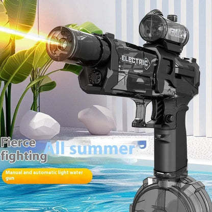 Black and blue electric water pistol toy with LED lights, shown with USB charging cable.
