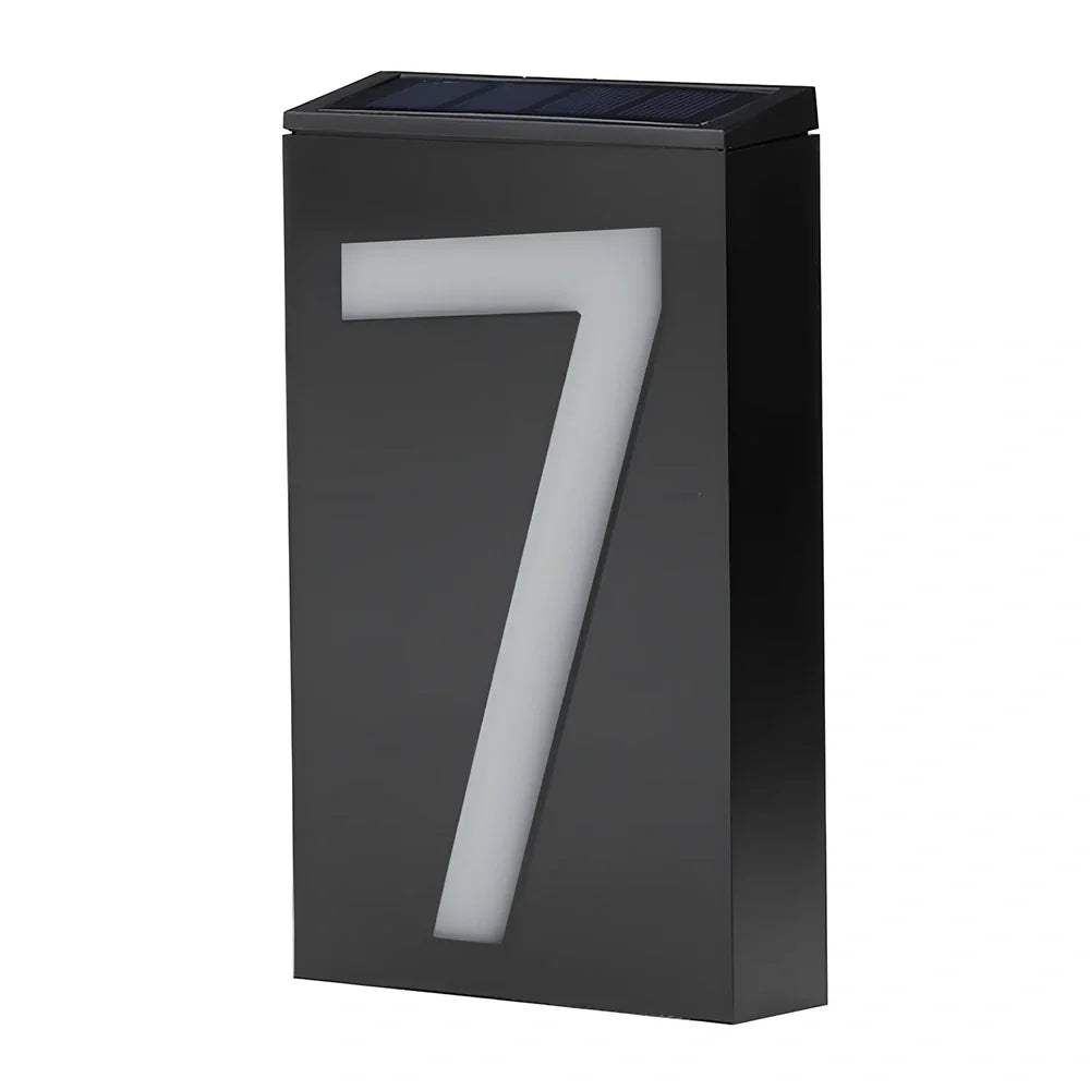 Solar powered house number with LED illumination showing waterproof construction and concealed mounting