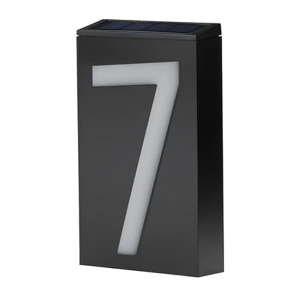 Solar powered house number with LED illumination showing waterproof construction and concealed mounting
