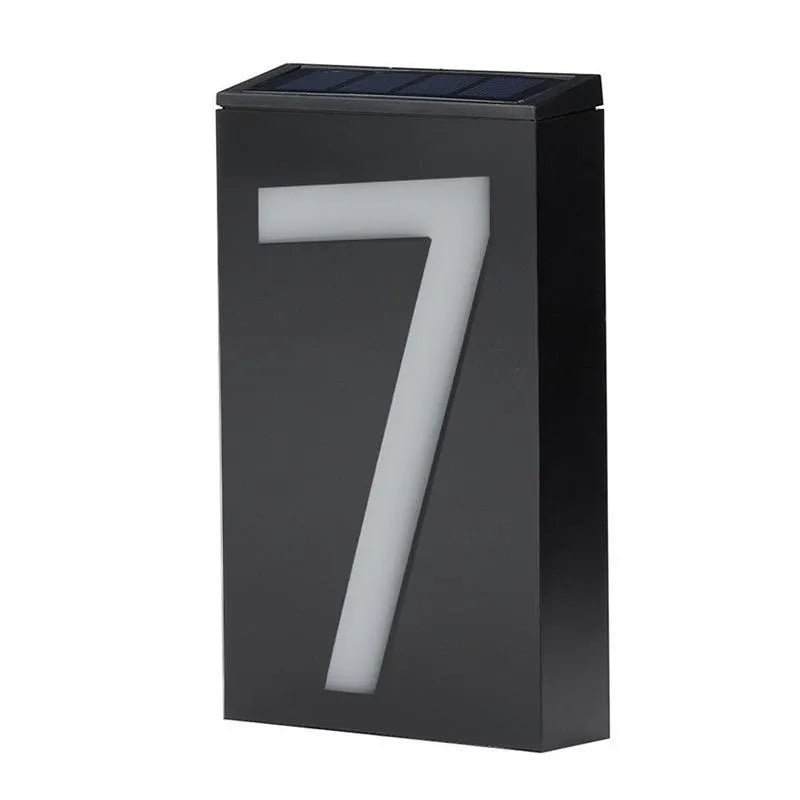 Solar-powered house number light with 6 LED illumination and concealed wall-mounting design