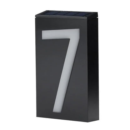 Solar-powered house number light with 6 LED illumination and concealed wall-mounting design