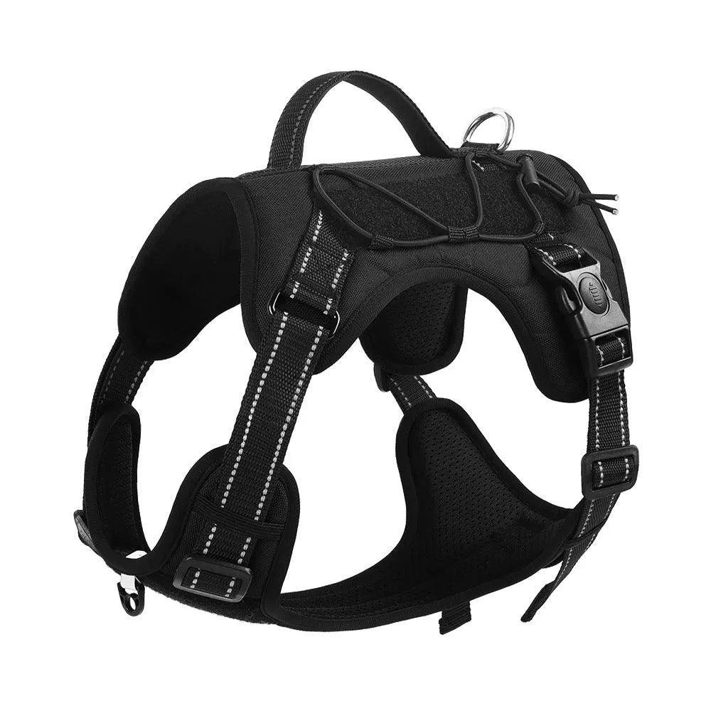 Orange reflective dog harness with attached black hand-holding rope leash shown on a medium-sized dog.