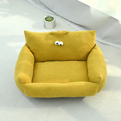Cartoon big eye pet bed sofa kennel in blue colour with raised sides and PP cotton filling