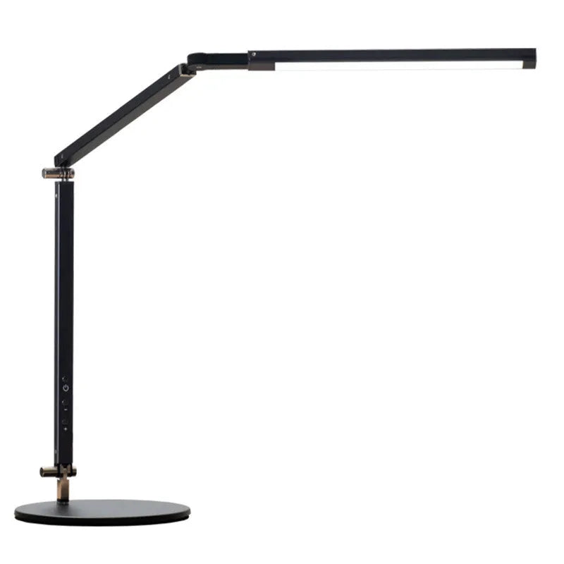 Clip-on adjustable arm LED desk lamp in black mounted on a desk edge with remote control.