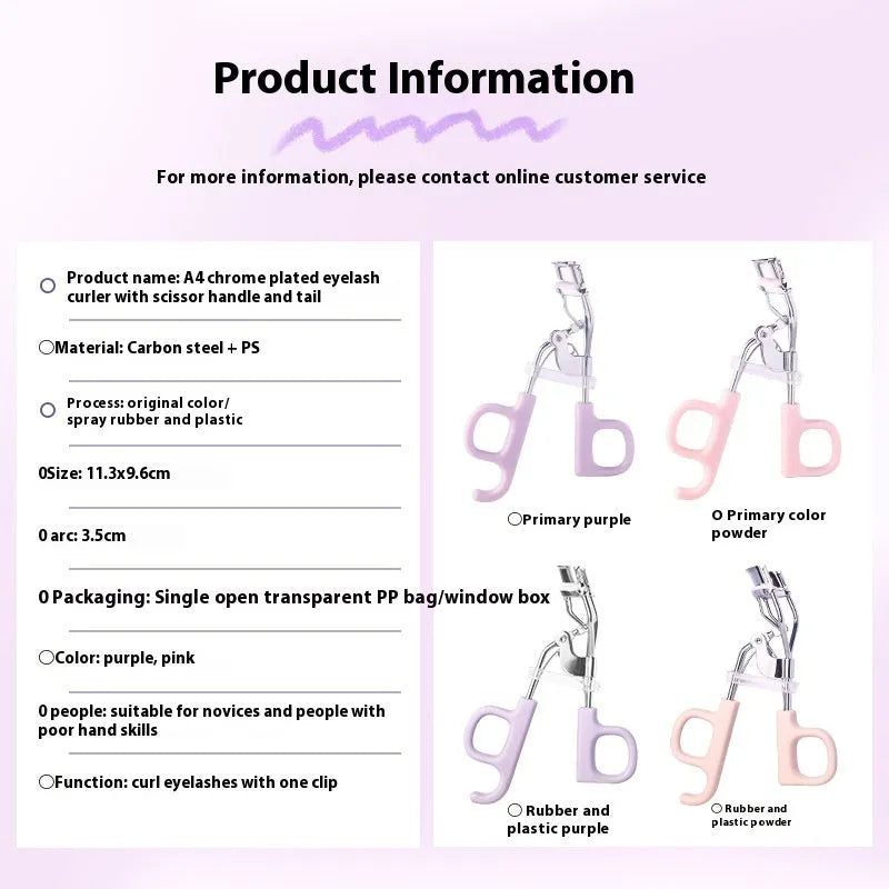 Pink eyelash curler with A4 chrome scissors handle design and carbon steel construction
