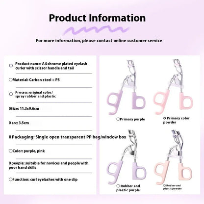 Pink eyelash curler with A4 chrome scissors handle design and carbon steel construction