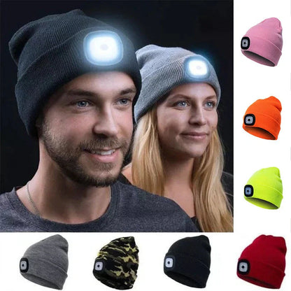 LED knit hat with glowing light for nighttime visibility and warmth