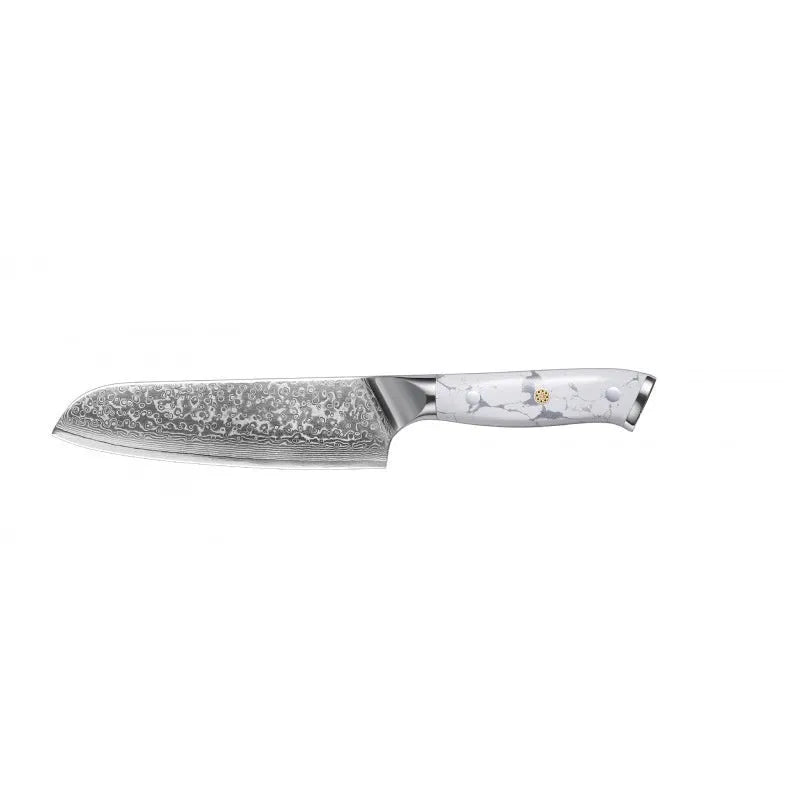 Damascus pattern chef's knife with Pakkawood handle on a wooden cutting board, blade length 21cm.