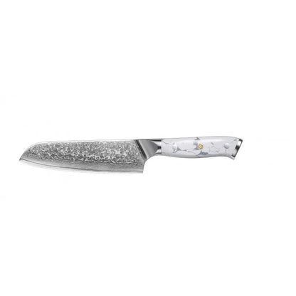 Damascus pattern chef's knife with a 21cm blade and dark handle on a wooden cutting board.