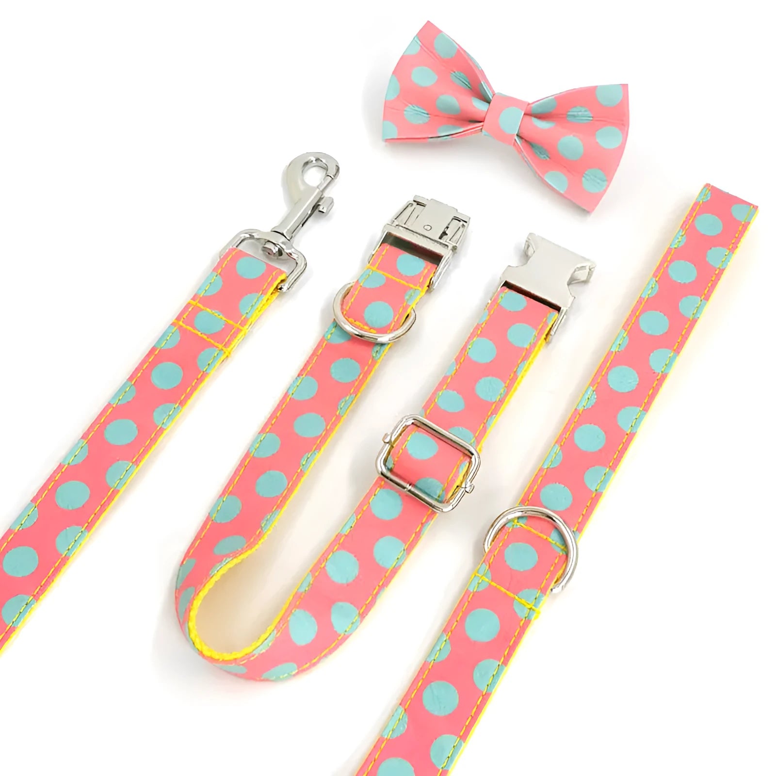 Yellow polka dot dog collar and lead set with adjustable sizing options