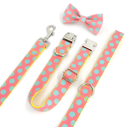 Yellow polka dot dog collar and lead set with adjustable sizing options