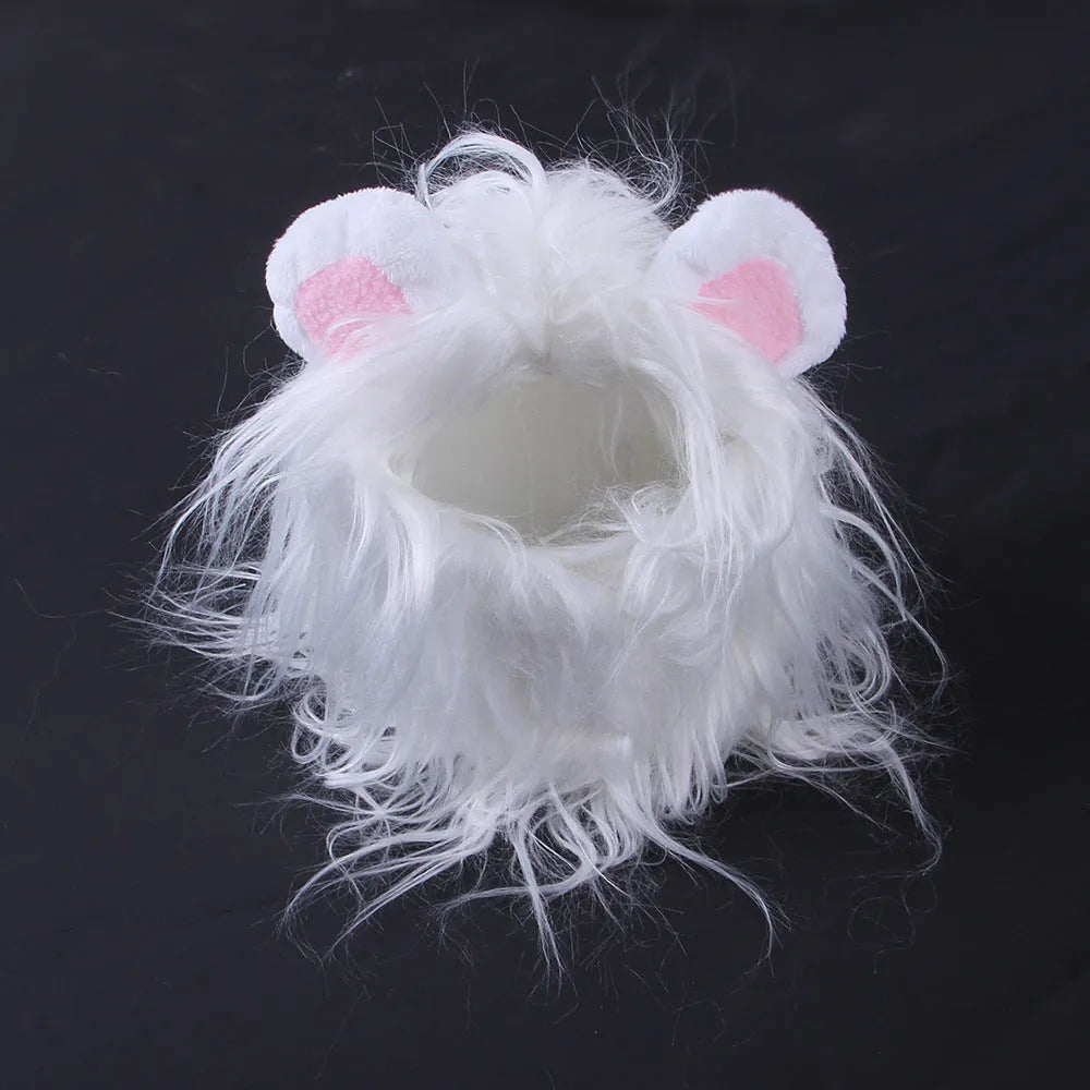 Black lion headgear wig hat costume accessory fitting on cat's head