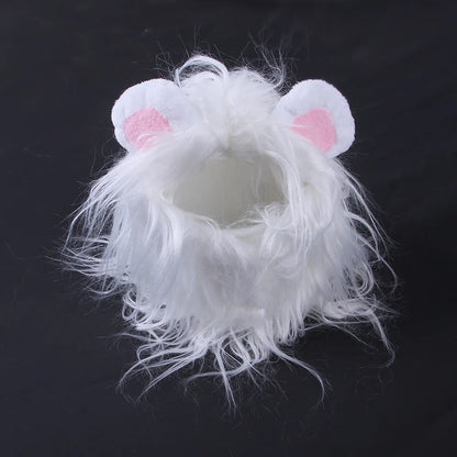 Black lion headgear wig hat costume accessory fitting on cat's head