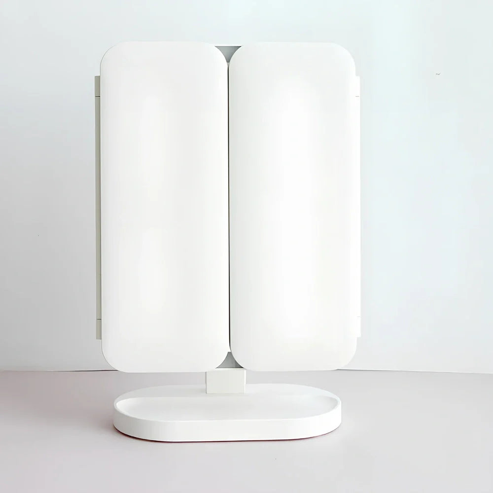 White LED makeup mirror with folded design showing rotation mechanism and magnification lenses