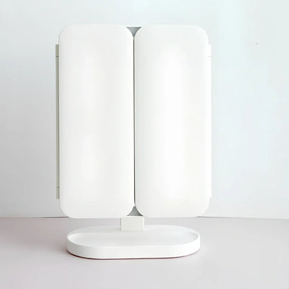 White LED makeup mirror with folded design showing rotation mechanism and magnification lenses