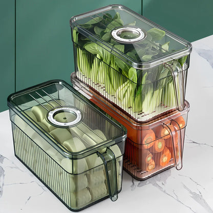 Green plastic food storage box with airtight lid for refrigerator organisation
