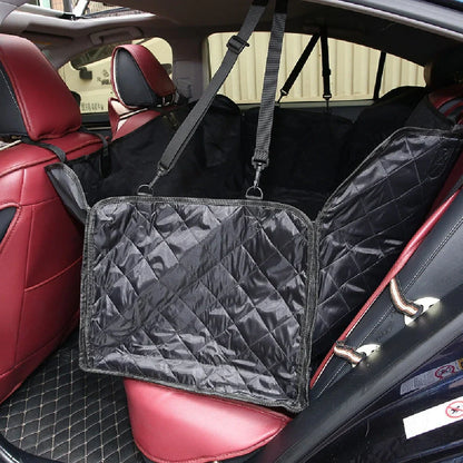 Waterproof dog car seat cover showing 137×147cm dimensions and safety exit design with car seatbelt buckle