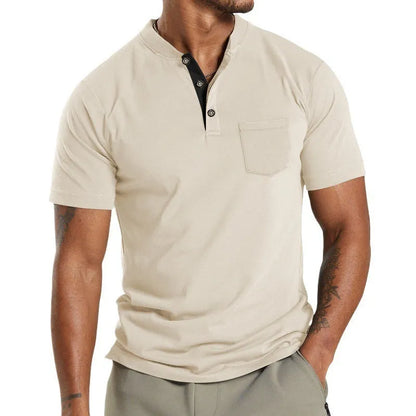 A man wearing a plus size solid colour short sleeve polyester shirt with a button chest pocket.
