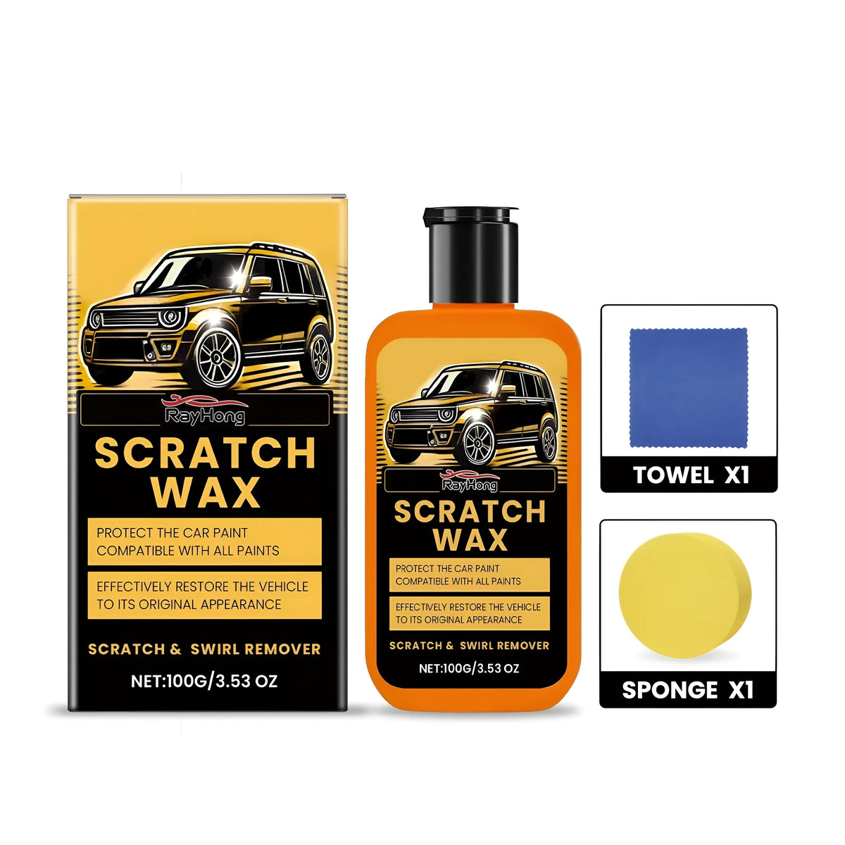 Scratch wax remover 100g tube with 6.5x2cm sponge and 20x20cm towel set
