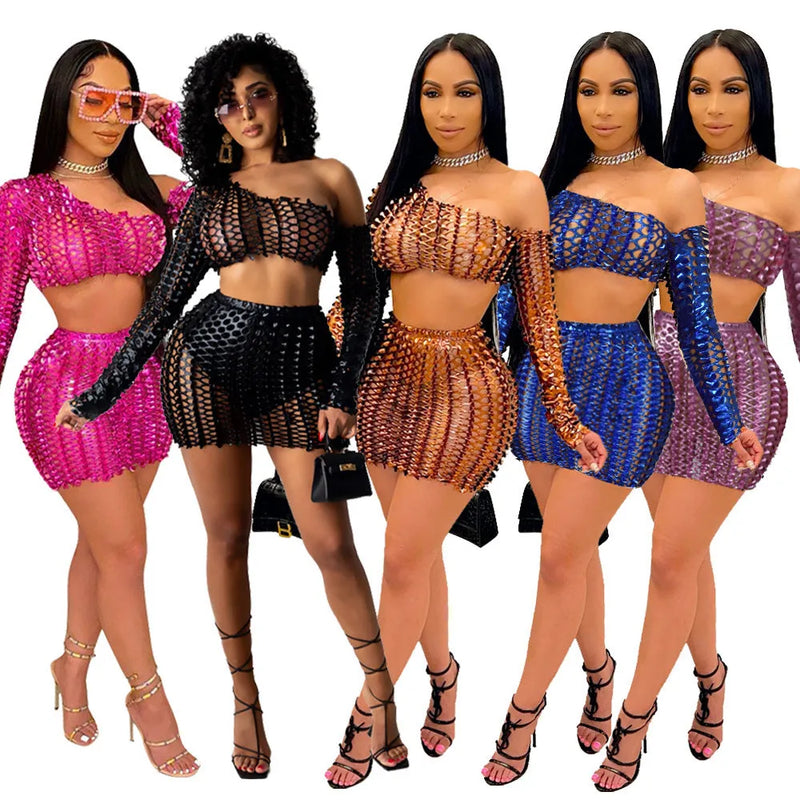 Fashion net hole hollow-out dress two-piece set in a European and American sizing style, sleeveless top with short skirt, made from polyester fibre, available in black, blue, brown, or pink colour options.