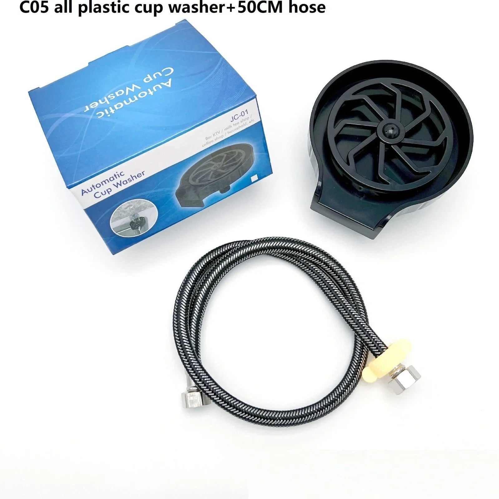 Embedded bar counter cup washer with seven stainless steel nozzles in black ABS housing