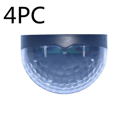 Pair of white waterproof solar semicircular fence lamps with water drop effect, IP65 rated for garden use, 90x62x50mm