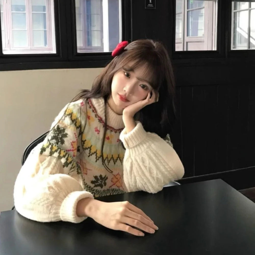 Women's milky white lantern sleeve pullover with 15cm extra sleeve volume and free size design