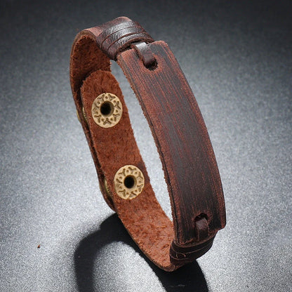 Adjustable leather bracelet with unique light board feature in light brown, black, and dark brown options.