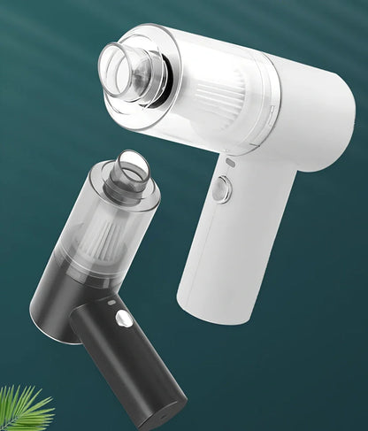 Black cordless car vacuum with suction head and brush attachment, 16.5cm size