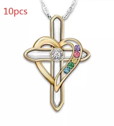 Men's Cross Love colorful imitation gemstone pendant alloy clavicle chain with adjustable length