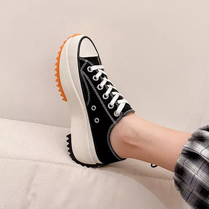 Women's white and black thick-soled canvas casual shoes with breathable design for summer