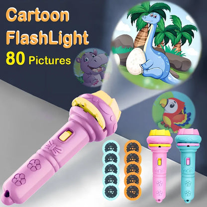 Red plastic cartoon projection flashlight showing rotating lens for 80 pattern changes