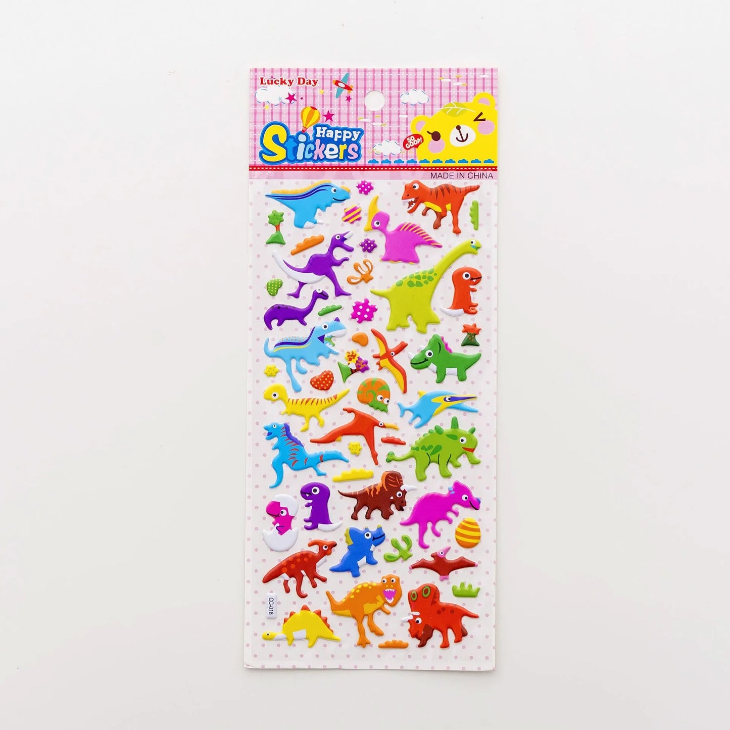 Cartoon three-dimensional bubble stickers showing colourful animal, food and pattern designs for decoration