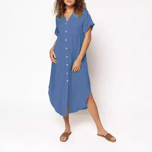 Mid-length casual dress with button front in polyester fabric, shown in apricot colour with mid-waist design