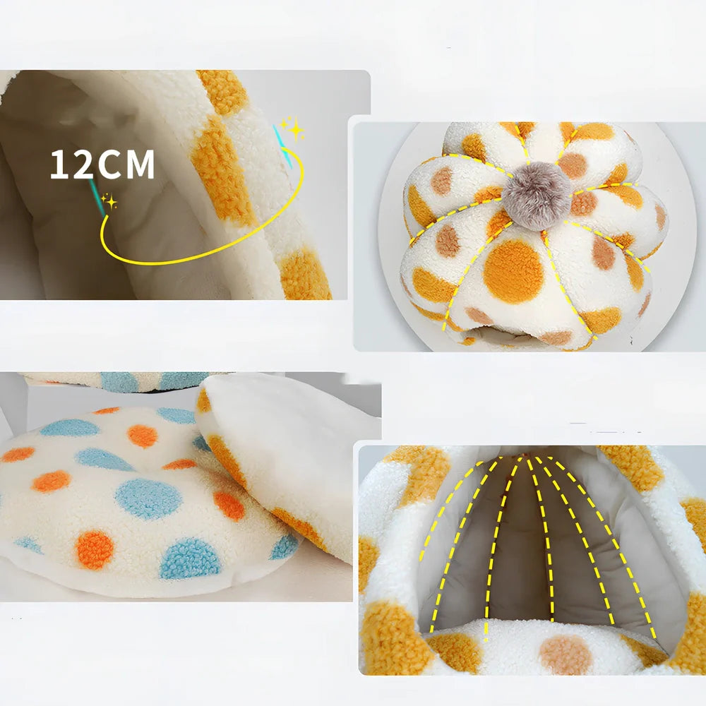 Yellow teddy velvet cat nest with 41cm diameter and raised sides for secure sleeping